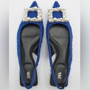 Zara Blue Tweed Slingback Pearl Embellished Shoe in 7.5 NWT